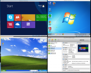 Three generations of Windows operating system versions.  Upper left: Windows 8.1, the current release from Microsoft. Upper right: Windows 7, its predecessor and likely upgrade candidate for most Windows XP users. Lower left: Windows XP, whose support from Microsoft ends today.  Lower right: the Virtualbox control panel, where each of these virtual instances are controlled off the host computer, a Mac. 