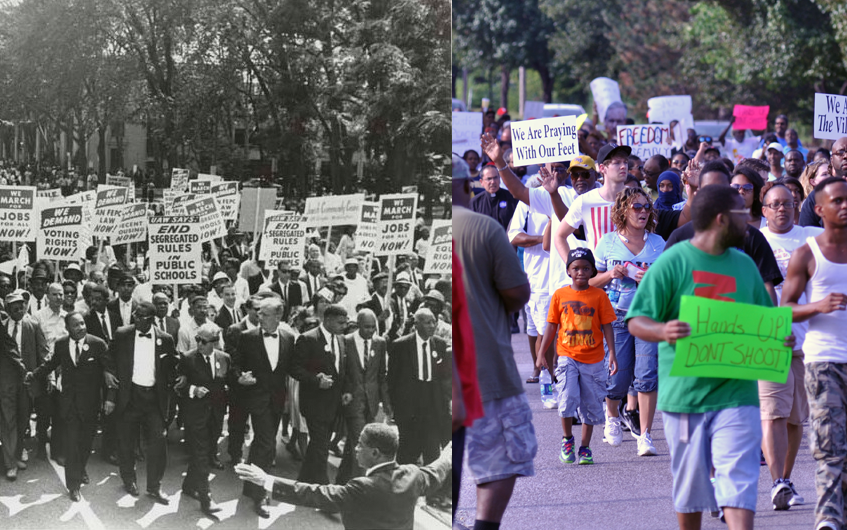 Civil Right marches, then and now. Left: March on Washington for Jobs and Freedom, Martin Luther King, Jr. and Joachim Prinz pictured, 1963.  Right: Protestors demonstrating down West Florissant Ave in Ferguson MO on August 14, 2014.